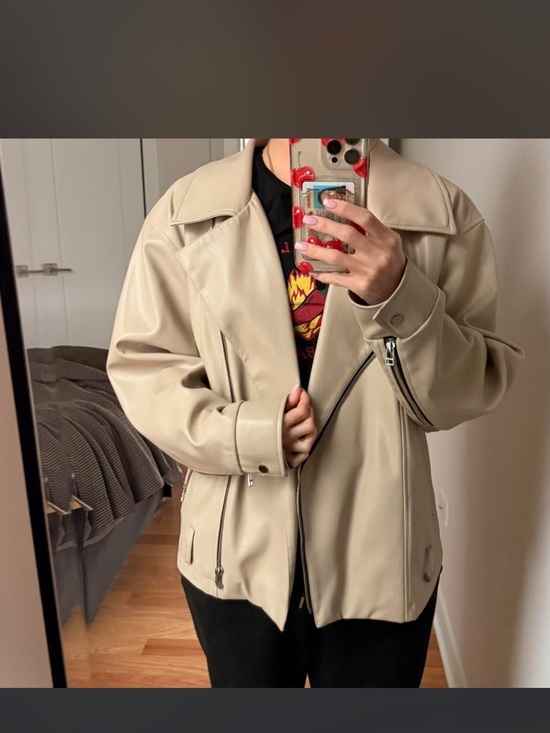 Jackets & Blazers - Beige Faux Leather Moto Jacket - Women's Coat